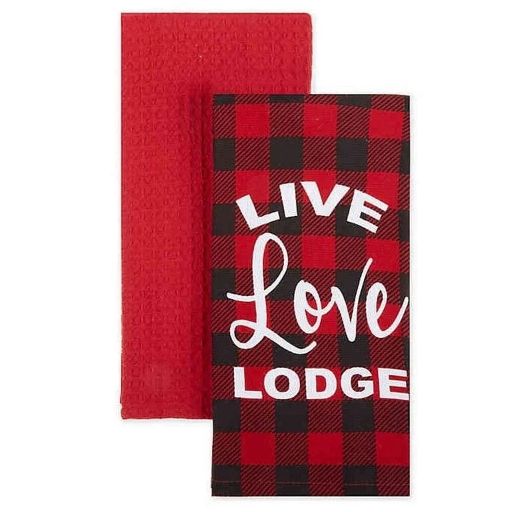 Buffalo Check Kitchen Dish Towels Live Love Lodge Red Black Rustic Set of 2